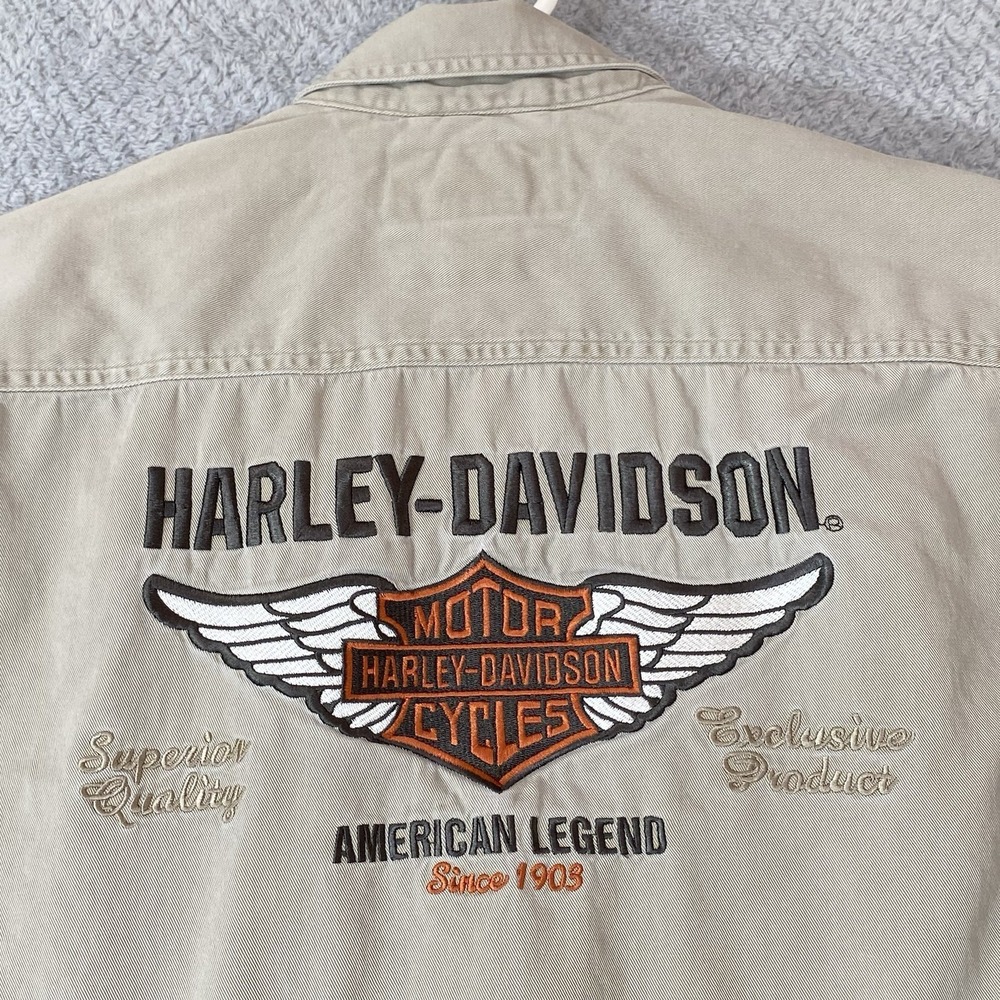 Vintage Harley Davidson Shirt Mens Sz M Embroidered Tan Long Sleeve Snap Front
